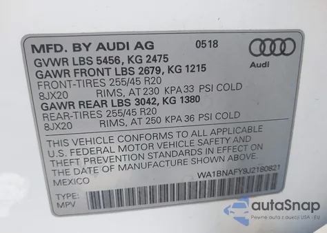 2018 Audi Q5 2.0T Premium/2.0T Tech Premium из США, поврежденный, VIN WA1BNAFY9J2180821